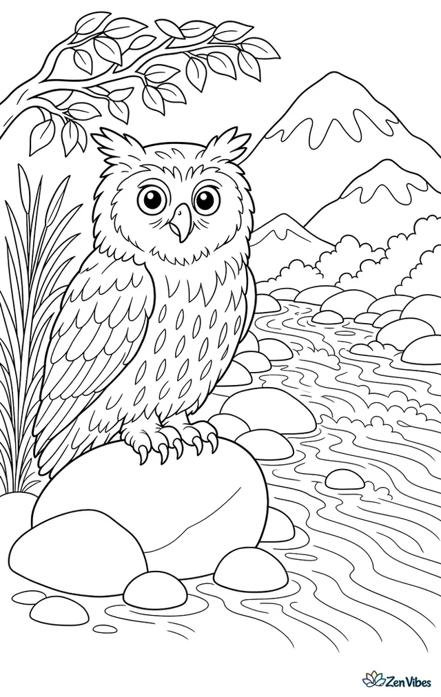 A Blakiston's fish-owl waits beside a rushing river, surrounded by smooth boulders, overhanging branches, rippling water, reeds, and distant snowcapped hills.