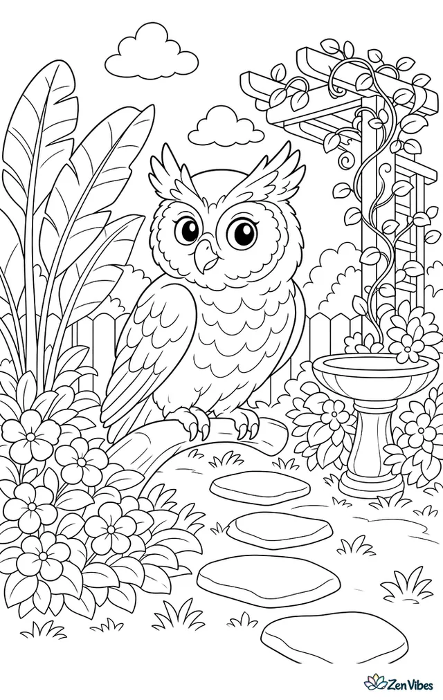 A crested owl sits in a lush tropical garden, near banana leaves, stepping stones, a birdbath, flowering shrubs, and a vine-covered pergola.