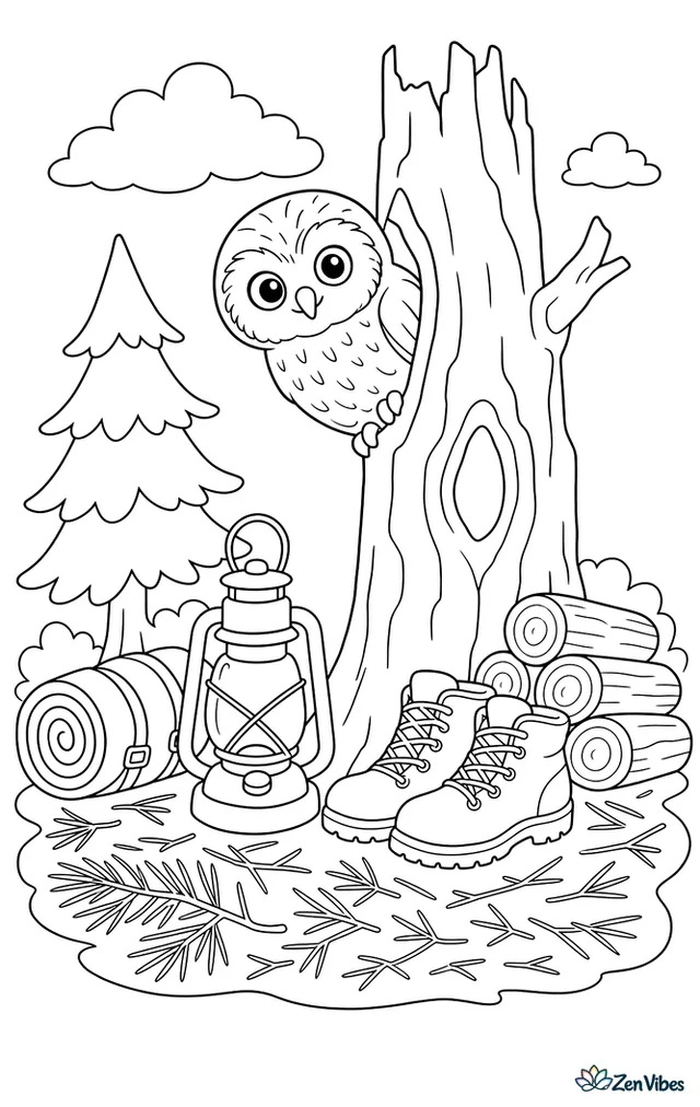 A northern saw-whet owl peeks from a pine snag beside a campsite, where a rolled blanket, lantern, boots, and stacked firewood rest among needles.