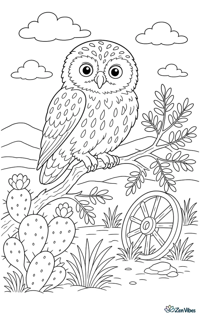 A ferruginous pygmy-owl perches on a mesquite branch, overlooking prickly pear pads, desert grasses, a wagon wheel, and scattered clouds above open rangeland.