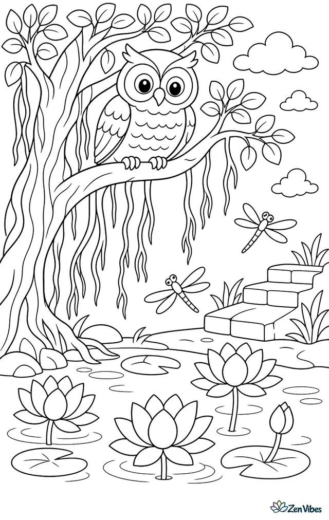 A brown wood owl watches from a banyan tree, with hanging roots, lotus blossoms in a pond, stone steps, and dragonflies over calm water.