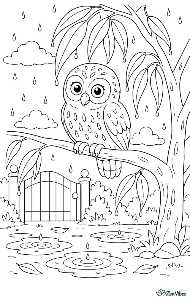 A southern boobook shelters on a eucalyptus branch during light rain, with gum leaves, puddles below, a garden gate, and raindrops making rings in water.