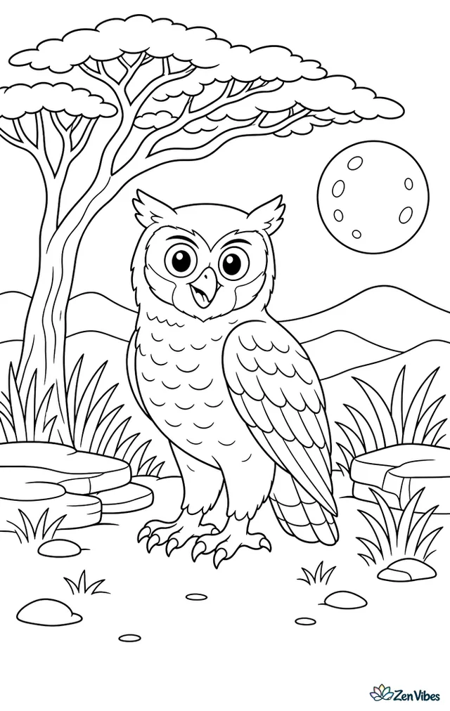 A Verreaux's eagle-owl stands beneath an acacia tree, surrounded by tall savanna grass, flat-topped rocks, distant hills, and a bright moon rising.