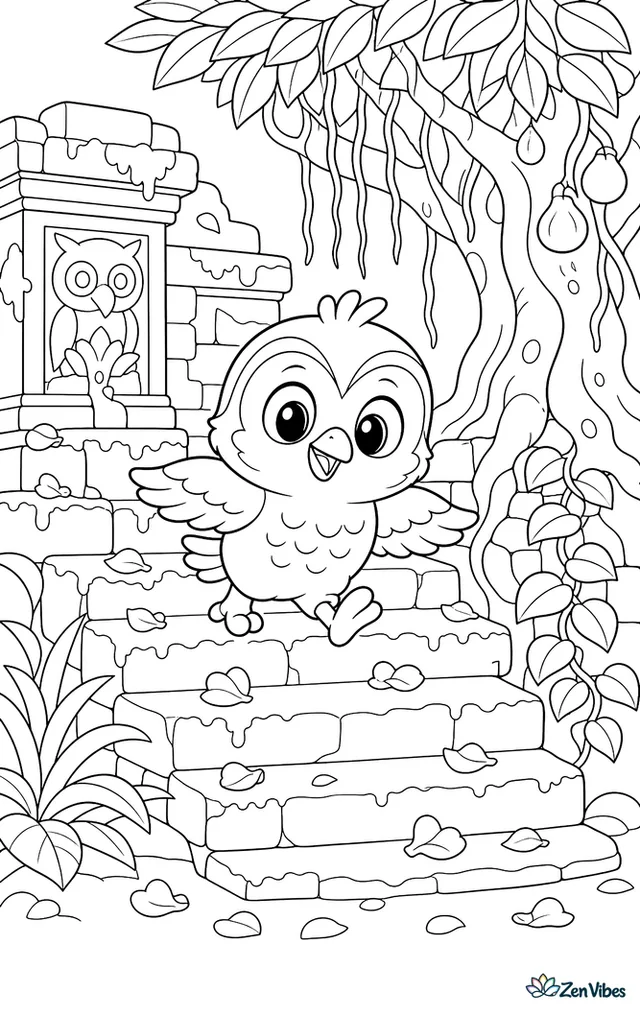A jungle owlet hops along mossy temple steps, with carved stones, trailing vines, fallen petals, a fig tree, and patterned shadows from overhead leaves.