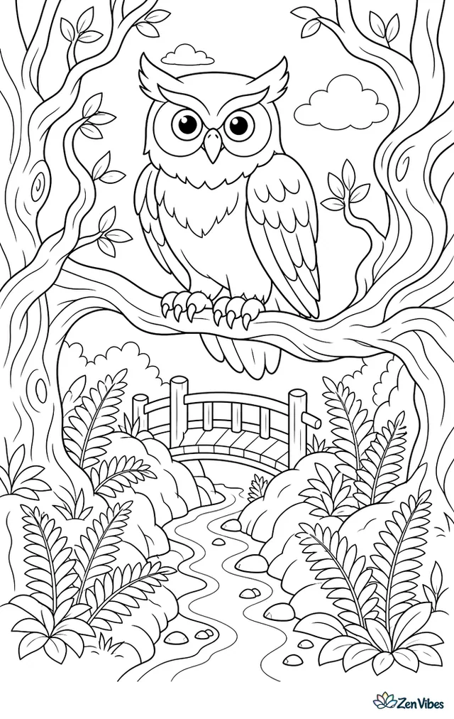 A powerful owl perches above a fern-filled gully, framed by twisted branches, tree trunks, a wooden footbridge, and a narrow creek winding below.