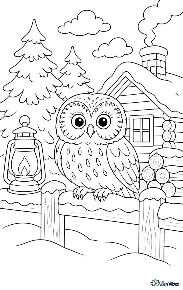 A Tengmalm's owl sits on a snowy fence near a cabin, with a glowing lantern, stacked logs, smoke curling from a chimney, and spruce trees behind.