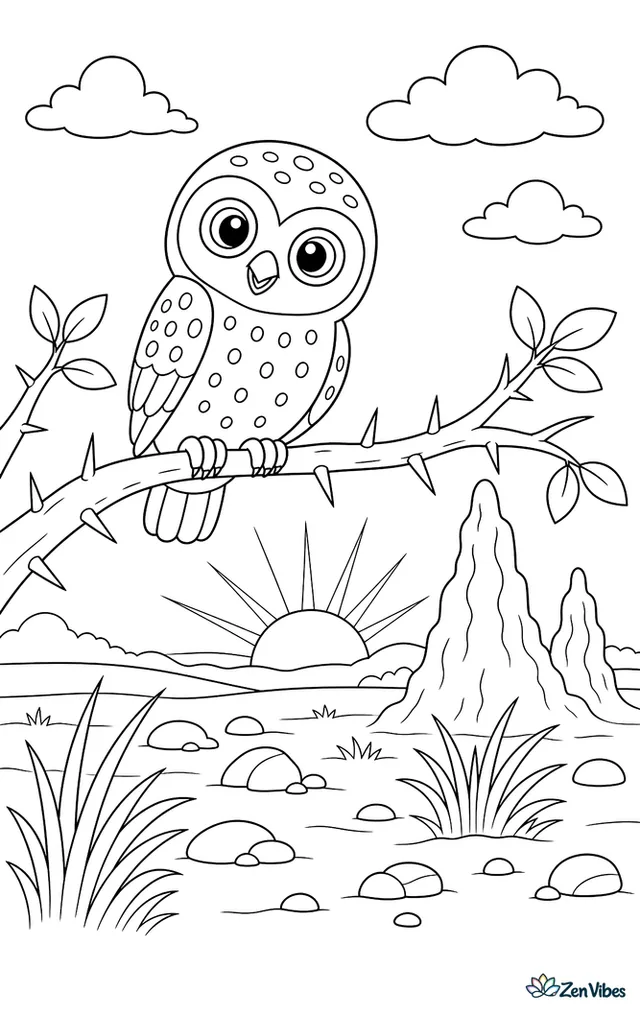A pearl-spotted owlet watches from a thorny branch, above termite mounds, waving grass, scattered stones, and a sunrise stretching across the plain.