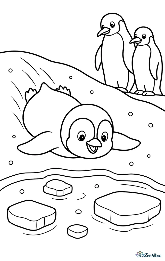 An emperor penguin chick slides on its belly down a gentle snowy slope toward a frozen pond, with rounded ice chunks, tiny snowflakes, and two distant adult emperor penguins watching nearby.