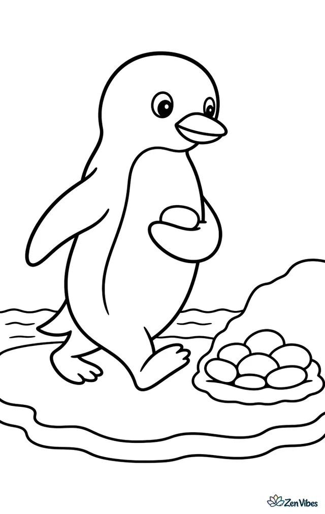 An Adélie penguin walks across flat shore ice carrying a small pebble to its nest, with a few smooth stones, a simple snowbank, and calm water behind it.