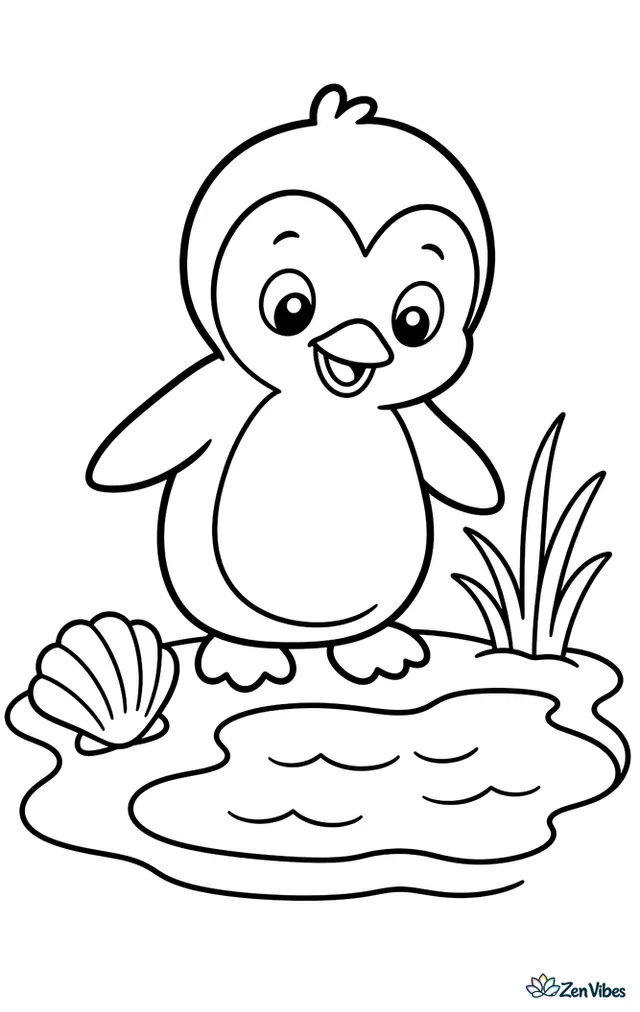 A little blue penguin stands at the edge of a sandy beach beside a shallow tide pool, with one seashell, a tuft of beach grass, and gentle waves.