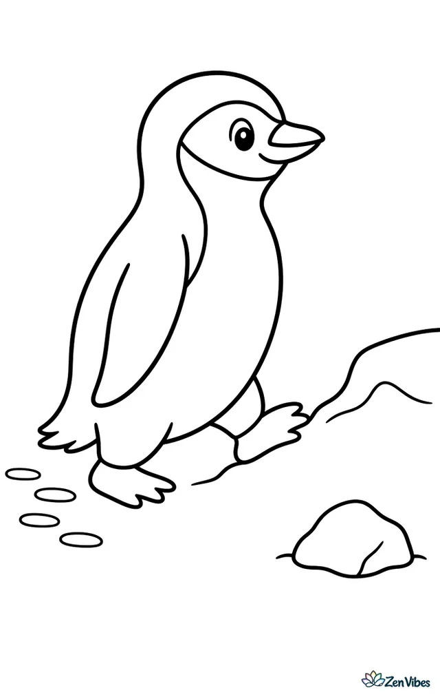 A chinstrap penguin takes careful steps through fresh snow toward a low icy hill, with simple footprints behind it, one small rock, and a pale Antarctic sky.
