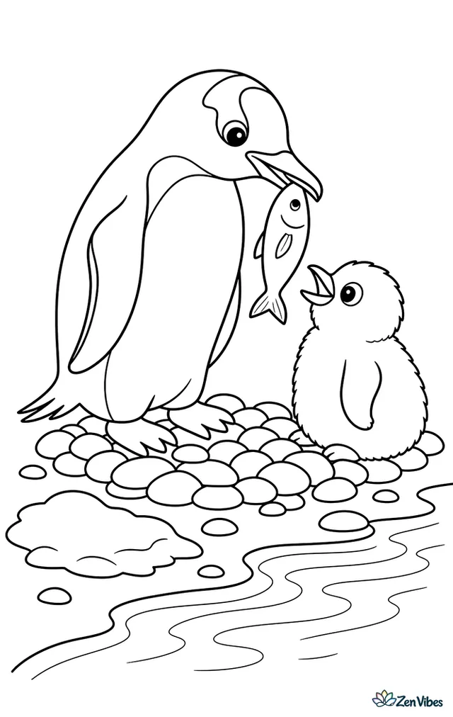 A gentoo penguin presents a silvery fish to its fluffy chick beside a pebble nest, with scattered stones, a small patch of snow, and rippling shoreline water.