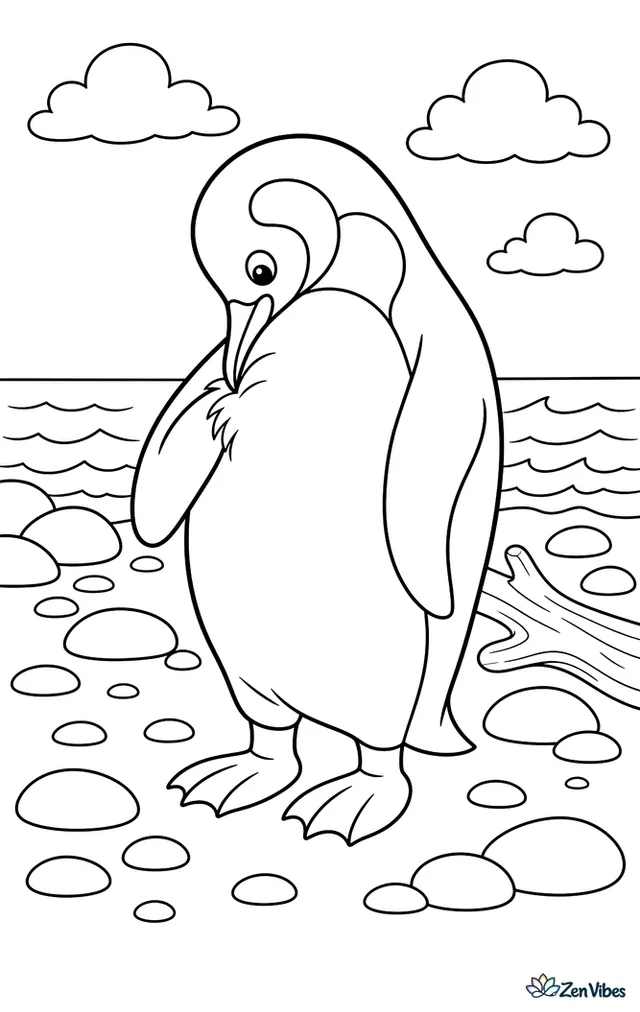 A king penguin stands on a rocky subantarctic beach preening its chest feathers, surrounded by rounded stones, a driftwood piece, and low ocean waves under cloudy skies.