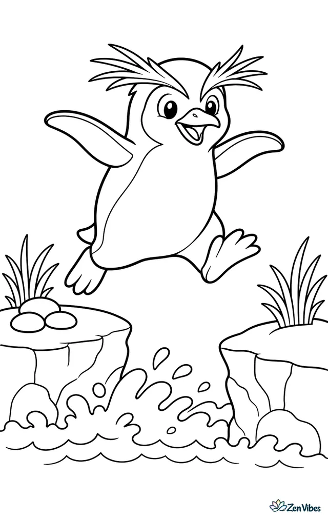 A southern rockhopper penguin hops between two low seaside rocks, with splashing foam below, clumps of coastal grass, and three smooth pebbles on the ledge.