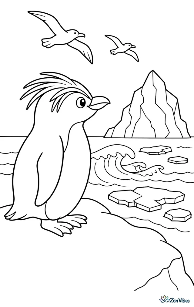 A macaroni penguin watches rolling waves from a snowy shoreline ridge, with cracked sea ice, a distant iceberg, and a pair of seabirds gliding overhead.