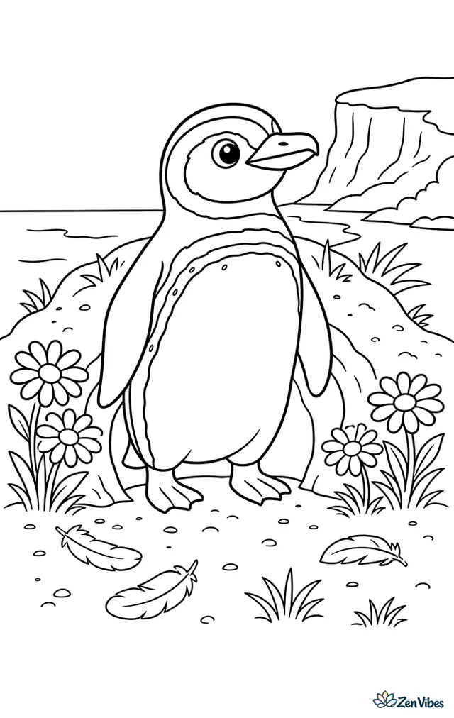 A Magellanic penguin stands at the entrance of its sandy burrow nest, with beach daisies, short grass, scattered feathers, and a calm coastal bluff behind.