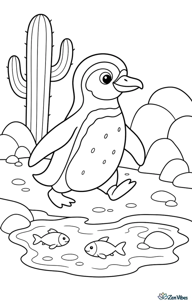 A Humboldt penguin waddles along a rocky path near the shore, with tall cactus, sunlit boulders, a tidal pool, and small fish shapes visible in clear water.