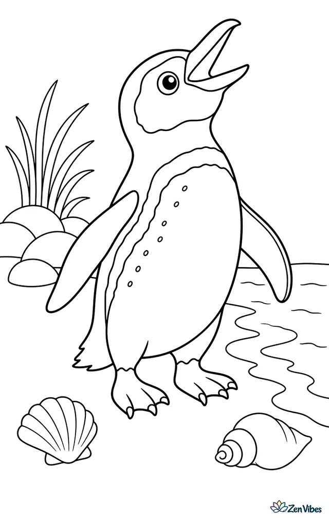 An African penguin lifts its beak as if calling on a warm beach, with rounded black rocks, dune grass, two shells, and gentle surf reaching the sand.