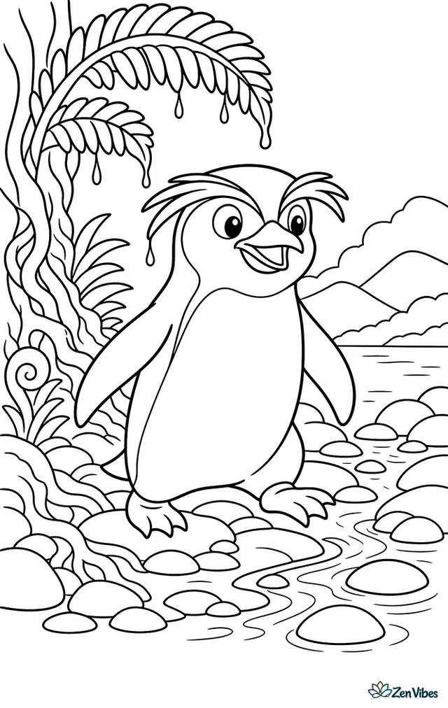 A Fiordland penguin emerges from a ferny forest edge onto wet stones, with dripping leaves, twisted roots, a small stream, and misty hills beyond the shore.