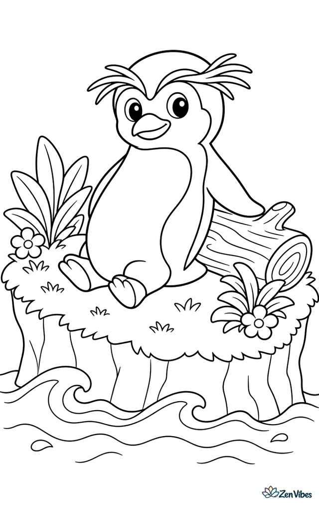 A Snares penguin rests beside a driftwood log on a grassy island slope, with broad-leaf plants, a few flowers, and ocean swells below the cliff.