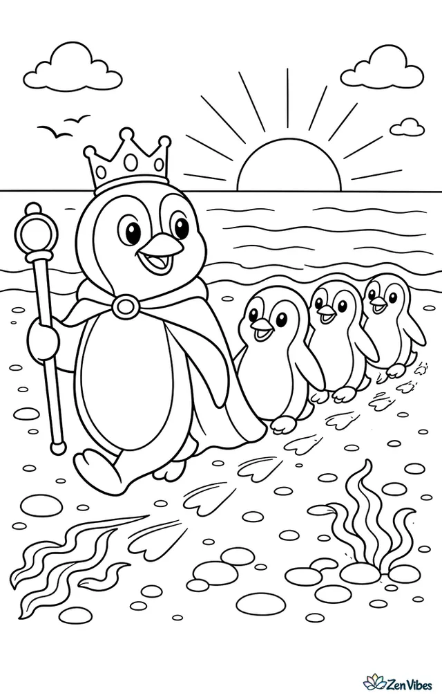 A royal penguin leads three others across a pebbly beach toward the water, with flipper marks in damp sand, kelp strands, and a bright horizon.
