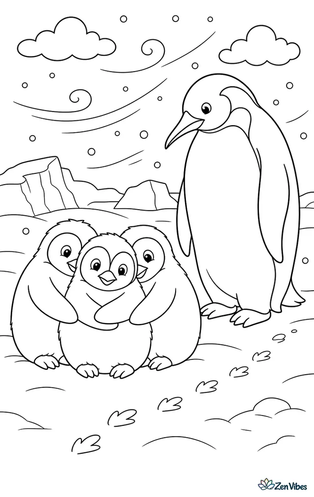 Three emperor penguin chicks huddle together against the cold while one adult stands nearby, with blowing snow, low ice ridges, and tiny footprints crossing the white ground.
