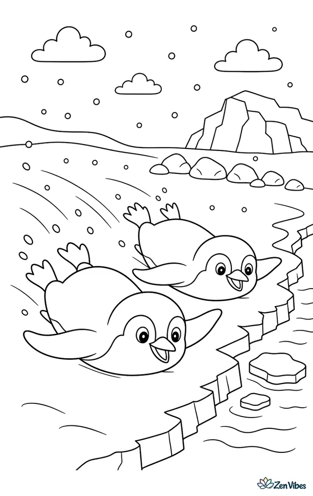 Two Adélie penguins belly-slide side by side across smooth snow toward the sea, with a cracked ice edge, flurries in the air, and a line of small rocks.