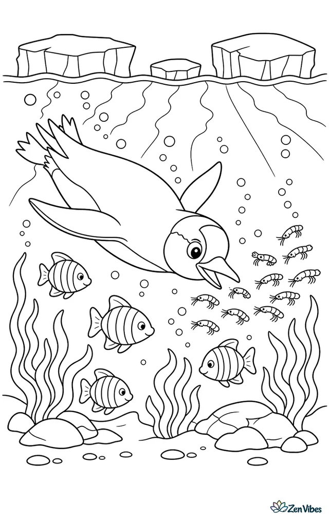 A gentoo penguin dives beneath clear polar water chasing a cloud of krill, with bubbles, waving seaweed, striped fish, and sunlight patterns under floating ice.
