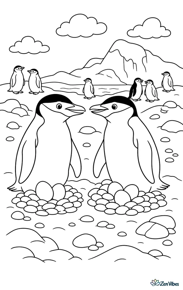 Two chinstrap penguins face each other beside neighboring pebble nests, with several eggs, scattered stones, snowy ground, and more colony birds dotting the background.