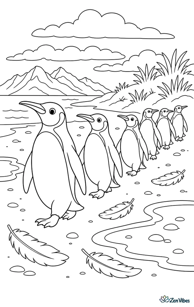 A line of king penguins walks across a broad beach toward grassy dunes, with molted feathers on the ground, tide pools, and distant mountains under layered clouds.