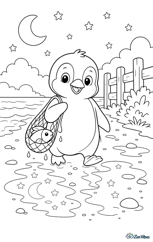 A little blue penguin returns from the ocean at dusk along a moonlit beach, with star reflections in wet sand, a wooden fence, and low coastal shrubs.