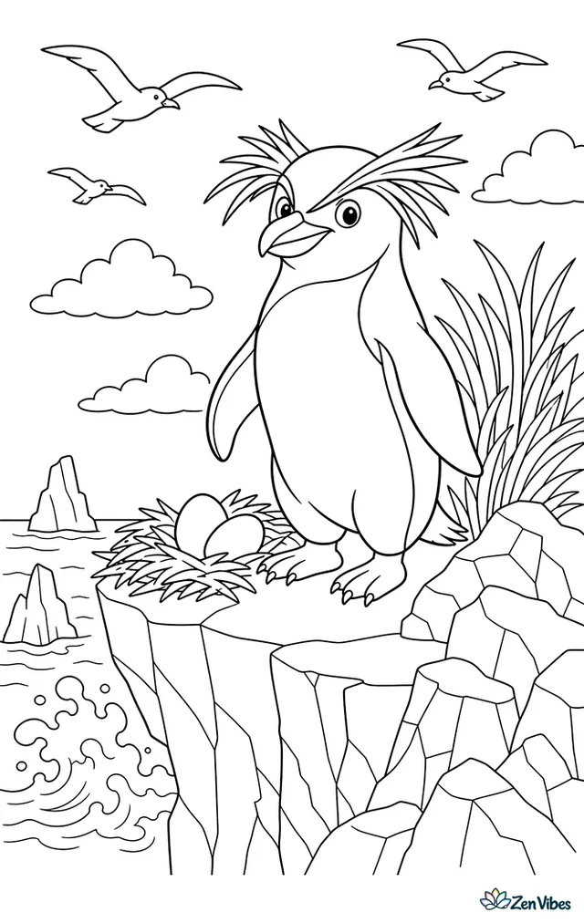 A southern rockhopper penguin stands proudly on a cliff ledge beside its nest, with tussock grass, jagged rocks, circling gulls, and foamy waves far below.