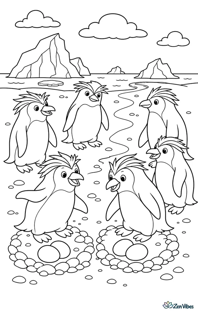 Several macaroni penguins gather on a snowy plateau around two shallow nests, with wind-swept feathers, pebbles, distant icebergs, and a narrow path to the shore.