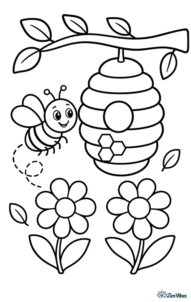 A western honey bee circles a hanging beehive, with simple hexagons, two daisies below, a curved tree branch above, and a few drifting leaves in the background.