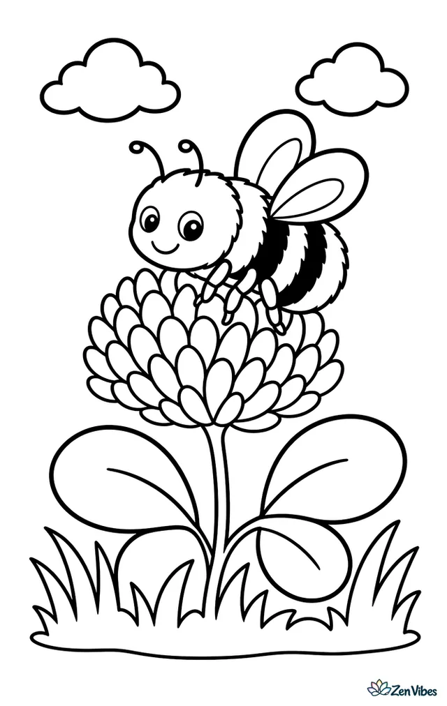 A common eastern bumblebee lands on a red clover blossom, with three rounded clover leaves, a patch of grass, and two small clouds in the open sky.