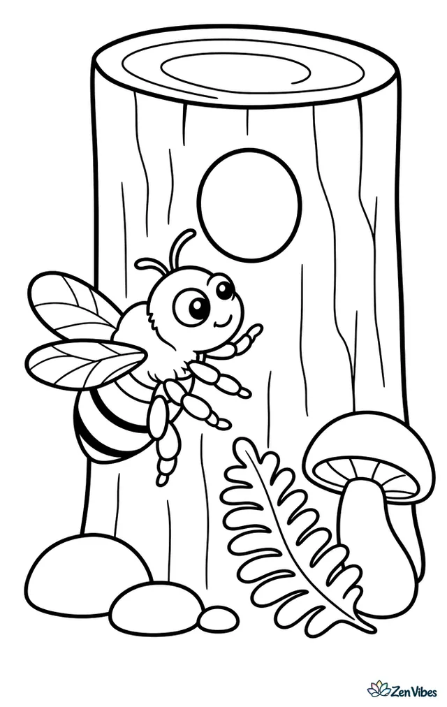 An eastern carpenter bee crawls near a round nest hole in a wooden log, with bark lines, one mushroom, a fern frond, and pebbles on the ground.
