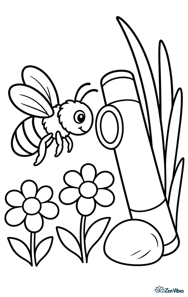 A blue orchard mason bee approaches a hollow reed nesting tube, with two simple wildflowers, a smooth stone, and tall grass stems beside the tube.