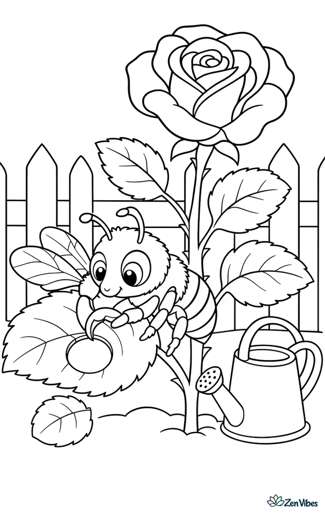 An alfalfa leafcutter bee cuts a neat circle from a rose leaf, with a blooming rose, a garden fence, and a watering can nearby.