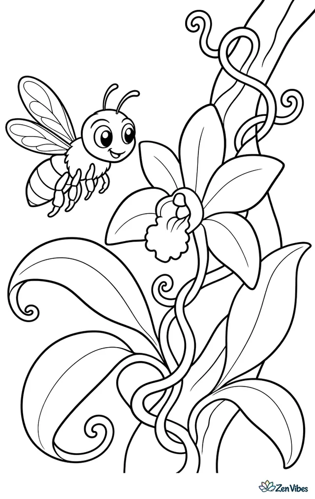 A green orchid bee hovers beside a vanilla orchid vine, with curling tendrils, broad leaves, and a shaded jungle branch stretching behind the flower.