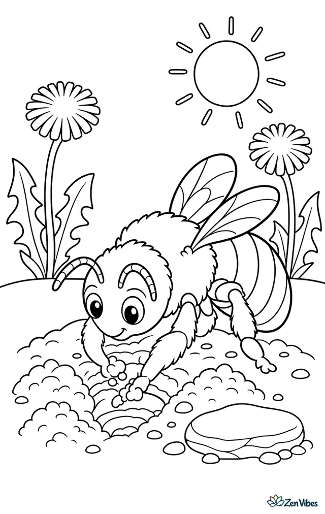 A tawny mining bee digs at the entrance of a sandy burrow, with small soil mounds, two dandelions, and a flat rock under a sunny meadow sky.