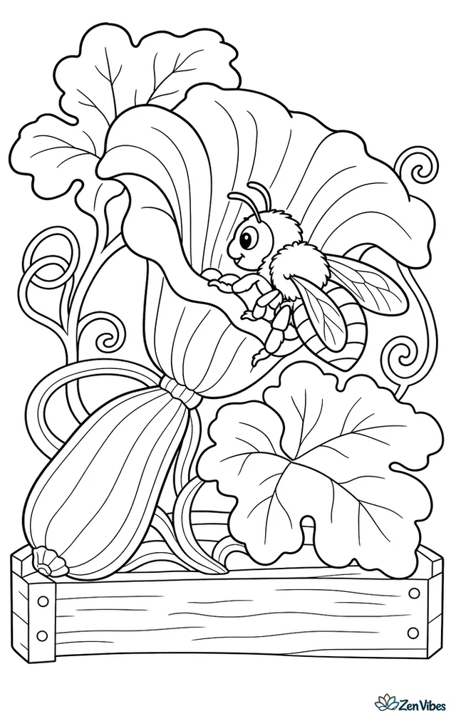 A squash bee climbs into a large zucchini blossom, with wide garden leaves, curling vines, and a wooden garden box framing the patch.