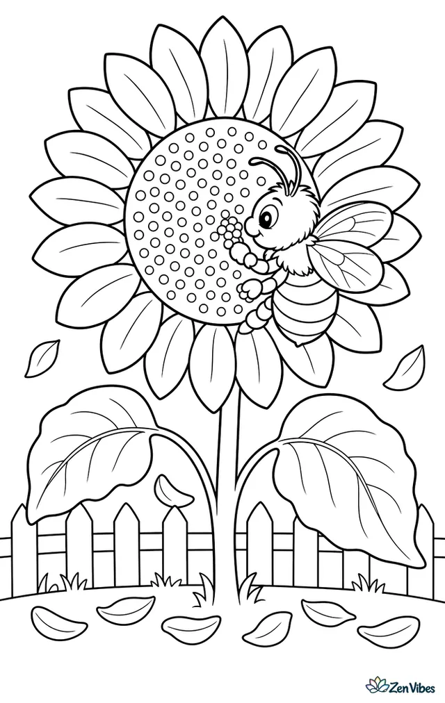 A long-horned sunflower bee gathers pollen on a tall sunflower, with layered petals, broad leaves, a picket fence, and fluttering petals below.