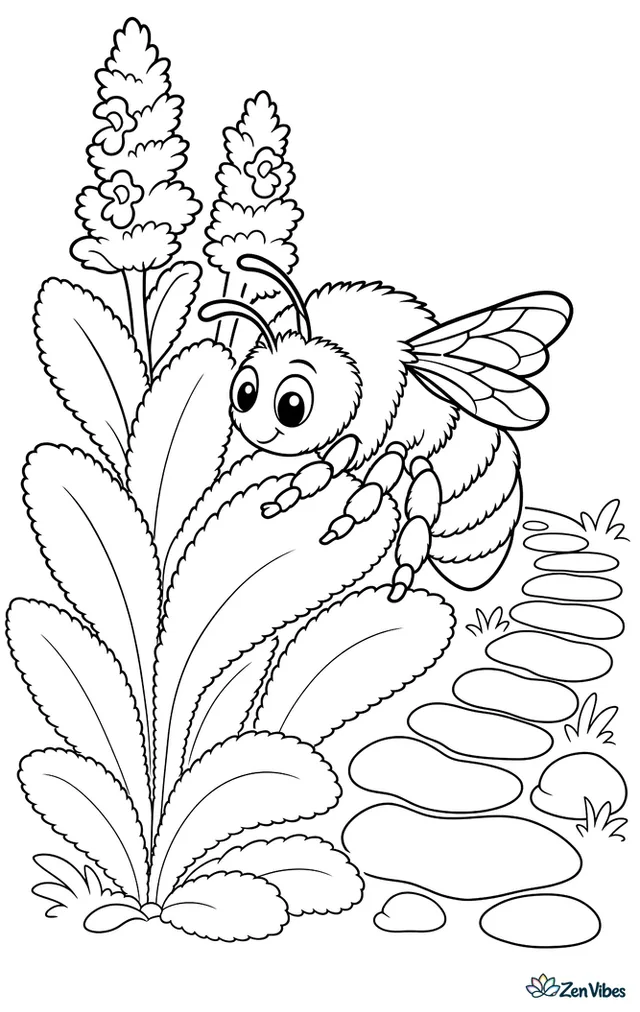 A European wool carder bee brushes against lamb's ear leaves, with fuzzy foliage, tiny flower spikes, and a stone garden path curving behind.
