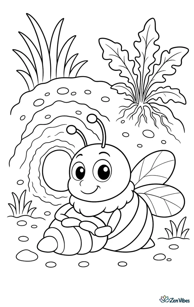 A yellow-faced plasterer bee rests near a clay nest in a small dirt bank, with grass tufts, rooted weeds, and a butterfly-free wild corner.