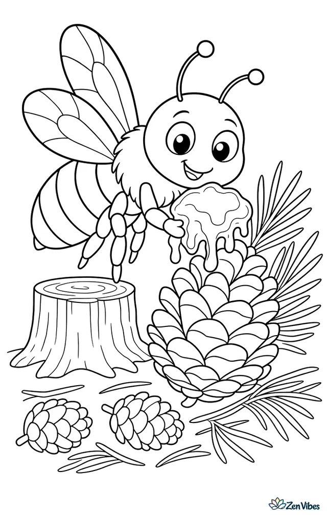 A giant resin bee carries sticky resin near a pine cone, with pine needles, a tree stump, and fallen cones scattered across the forest floor.