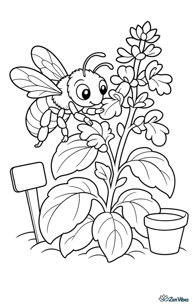 A metallic green sweat bee explores basil flowers in a kitchen garden, with herb markers, rounded leaves, and a small terracotta pot nearby.