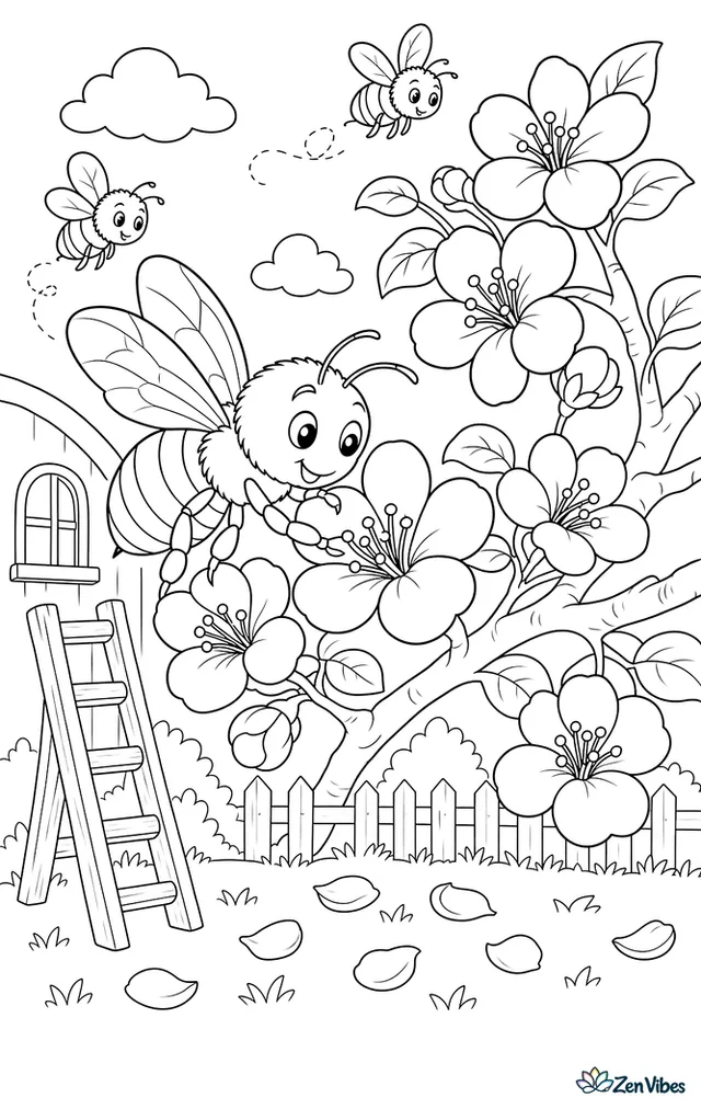 A western honey bee visits apple blossoms on an orchard branch, with clusters of flowers, buzzing companions, a wooden ladder, and fallen petals in the grass.