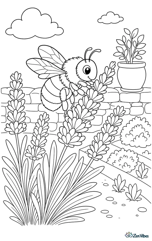 A buff-tailed bumblebee moves along a row of lavender spikes, with narrow leaves, a low stone wall, a clay pot, and neat garden beds behind.