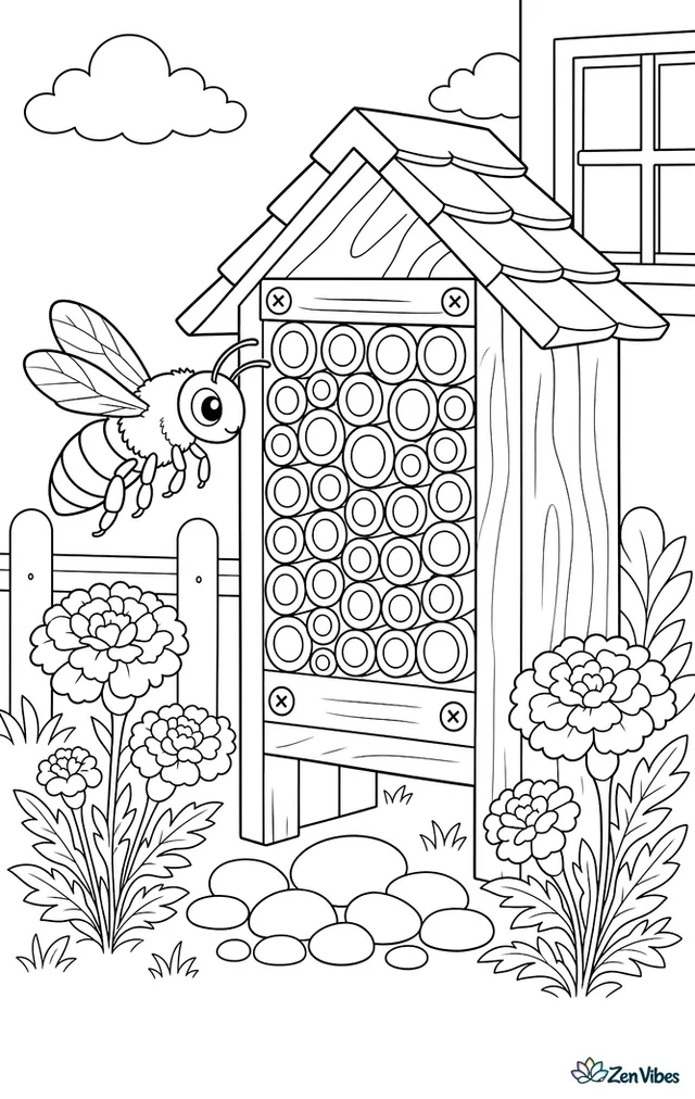 A blue orchard mason bee lands at a wooden bee hotel packed with bamboo tubes, with screws, roof shingles, marigolds, and smooth pebbles below.