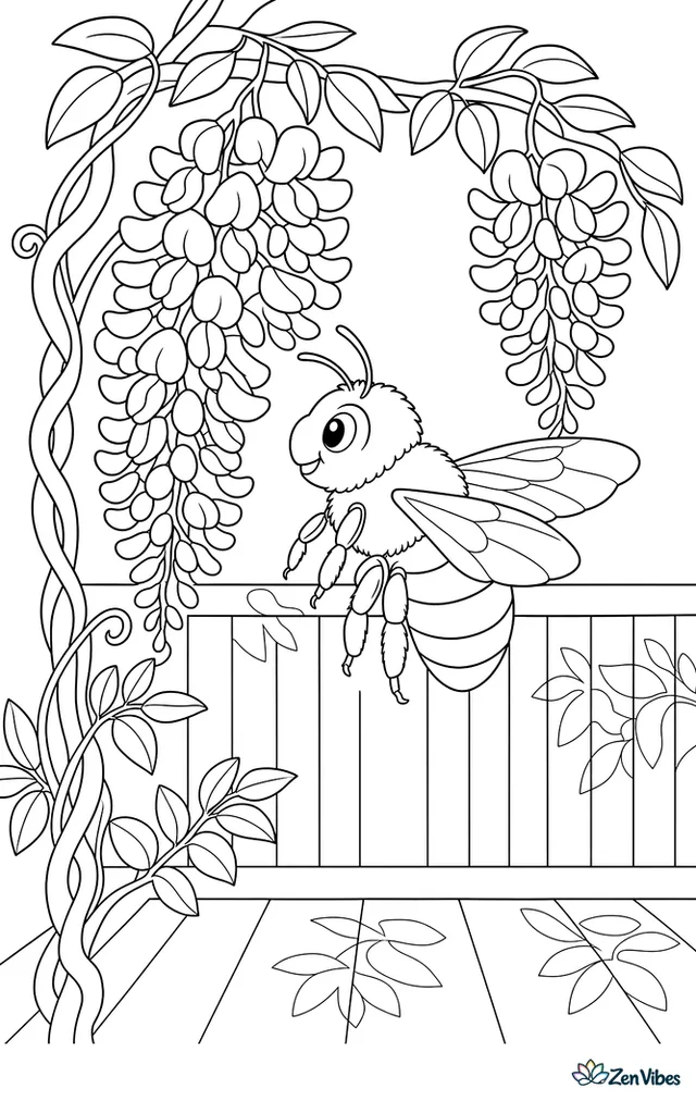 An eastern carpenter bee hovers under drooping wisteria clusters, with twisting vine stems, porch railing slats, and leaf shadows across the background.